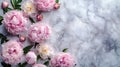 Simply elegant peony bouquet framing white marble background