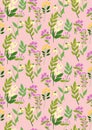 Simply and fancy floral vector seamless pattern with flowers and leaves in pastel hues and bright pink background