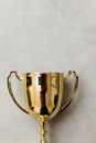 Simply flat lay design winner or champion gold trophy cup on concrete stone grey background. Victory first place of