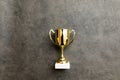 Simply flat lay design winner or champion gold trophy cup on concrete stone grey background. Victory first place of