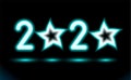 Simply of glowing neon numbers 2020 with stars. New Year illumination for Design on black, dark background. Fluorescent object,