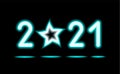 Simply of glowing neon numbers 2021 with stars. New Year illumination for Design on black, dark background. Fluorescent object,
