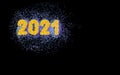 Simply numbers, inscription 2021 for new year of golden texture crumbs on black, dark background. Object, gold dust scattering, Royalty Free Stock Photo