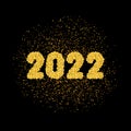 Simply numbers, inscription 2022 for new year of golden texture crumbs on black, dark background. Object, gold dust scattering,