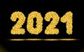 Simply numbers, inscription 2021 for new year of golden texture crumbs on black, dark background. Object, gold dust scattering,