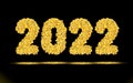 Simply numbers, inscription 2022 for new year of golden texture crumbs on black, dark background. Object, gold dust scattering,