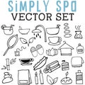 Simply Spa Vector Set with drinks, mugs, showerheads, mirrors, candles, bathroom products, towels, and bamboo.