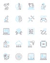 Simulated development linear icons set. Virtual, Model, Simulation, Prototype, Emulated, Practice, Test line vector and