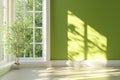 A simulated room with a window, a green wall, and a single plant Royalty Free Stock Photo