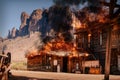 Simulation of a city fire of an old wild western wooden building in a gold mine