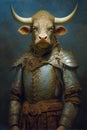 Simulation of a classic oil painting of a bull in military clothing