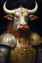 Simulation of a classic oil painting of a bull in military clothing