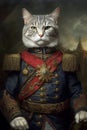Simulation of a classic oil painting of a cat in military clothing