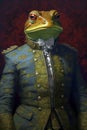 Simulation of a classic oil painting of a frog in military clothing