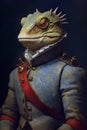 Simulation of a classic oil painting of a lizard in military clothing