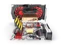 Simulation of CPU overheating Motherboard complete with RAM and video card solated on white background 3d render