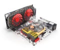 Simulation of CPU overheating Motherboard complete with RAM and video card solated on white background 3d render