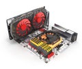 Simulation of CPU overheating Motherboard complete with RAM and video card solated on white background 3d render