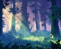 Simulation game in real-world forest, morning mist, wide shot, virtual creatures, enchanted adventure Royalty Free Stock Photo