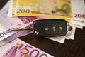 Simulation loan foCar key and Euro banknotes on brown background with shallow depth of fieldr car purchase. Five hundred Royalty Free Stock Photo