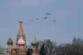 Simulation of refueling in the air of IL-78 and Tu-160 aircraft accompanied by MiG-31 fighters over Moscow`s Red Square during the