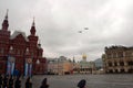 Simulation of refueling in the air of Il-78 and Tu-160 aircraft in the sky over Moscow`s Red Square during the Victory Air Parade