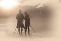 Simulations of old photography with artifacts. Cross-country skiing couple Royalty Free Stock Photo