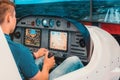 Simulator of a passenger aircraft with a cockpit and pilots. Royalty Free Stock Photo