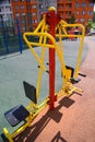 The simulator sports a bright yellow colour on the platform with a rubberized coating on a clear Sunny summer day. Sports health