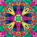 CELTIC MANDALA, ABSTRACT SHAPE, TEXTURE, BLUE CIRCLE, PURPLE CROSS, ROPES IN YELLOW, RED, FUCHSIA, GREEN CENTER,GEOMETRIC