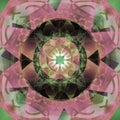 Pastel celtic mandala, central flower in white, abstract image in green and soft pink, vintage image in pastel colors pallet