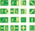 set of green emergency signs. Exit, exit door, disabled, exit direction,