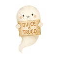 Ghost with \'Dulce o Truco\' Sign â Halloween in Spanish â Cute Watercolor Illustration Royalty Free Stock Photo