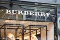 Singapore - October 26, 2019: Burberry logo in Marian bay Sand shopping central