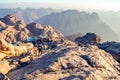 Sinai Peninsula, Egypt, May 9, 2019: Pilgrims descend from Mount Moses at sunrise