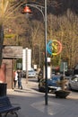 Sinaia, Romania - March 09, 2019: Bicycle access sign on light post in Prahova county, Romania