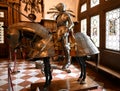 Sinaia, Romania - May 27, 2023: Knight and horse armour in Grand Armory Hall of Peles Castle