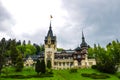 Sinaia, Romania, May 15, 2019: Panorama of the Peles Castle, a Neo-Renaissance castle in the Carpathian Mountains Royalty Free Stock Photo