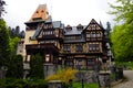 Sinaia, Romania, May 15, 2019: Panorama of the Peles Castle, a Neo-Renaissance castle in the Carpathian Mountains Royalty Free Stock Photo