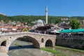 Sinan Pasha Mosque and stone bridge, landmarks in the city of Prizren, Kosovo, on a sunny d