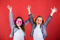 Sincere cheerful kids share happiness and love. Girls funny big eyeglasses cheerful smile. Birthday party. Happy Royalty Free Stock Photo