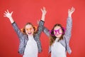 Sincere cheerful kids share happiness and love. Girls funny big eyeglasses cheerful smile. Birthday party. Happy Royalty Free Stock Photo