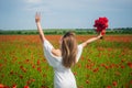 Sincere emotions. summer or spring nature. seasonal beauty landscape. young girl in white dress walk in meadow. vacation Royalty Free Stock Photo