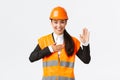 Sincere, honest and confident asian female engineer at building area, making promise, give oath to clients, looking
