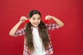 Sincere love. Be my valentine. Family love. Girl cute child with hearts. Kid girl with long hair red background Royalty Free Stock Photo