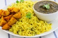Sindhi platter- garlic rice,fried potatoes and lentils Royalty Free Stock Photo