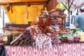 Assortment of Spanish meat sausages sobrasada, salchichon, fuet, chorizo for sale at Sineu market