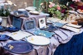 Blue and white ceramic tableware for sale at Sineu market