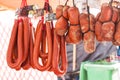 Traditional Majorcan Sobrassada sausage Sobrasada de Mallorca for sale at Sineu market