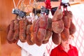 Traditional Majorcan Sobrassada sausage Sobrasada de Mallorca for sale in the stall of Sineu market